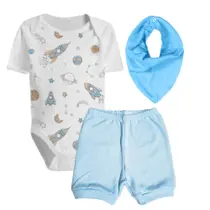 Kit Roupinhas de Bebê 3 Peças Body e Shorts e Babador Verão Kit Roupinhas de Bebê 3 Peças Body e Shorts e Babador Verão