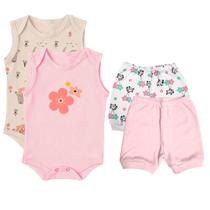 Kit Roupinhas de Bebê 4 Peças Body Regata Estampado e Shorts