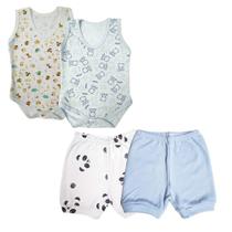 Kit Roupinhas de Bebê 4 Peças Body Regata Estampado e Shorts