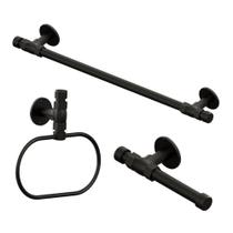 Kit Rústico Industrial Acessórios Banheiro Lavatório Papeleira + Porta Toalha Barra + Argola Preto Fosco Metal Luxo Kit Rústico Industrial Acessórios Banheiro Lavatório Papeleira + Porta Toalha Barra + Argola Preto Fosco Metal Luxo