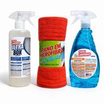 Kit Sabão Spray Querosene Tudo Limpinho, Ultra Box 500ml Tudo Limpinho + 3 Panos Microfibra Celeste