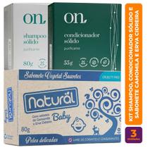 Kit Sabonete Camomila e Erva Cidreira, Shampoo e Condicionador Vegano Solido da Linha ON Purificante - Orgânico Natural