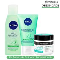 Kit Sabonete Controle do Brilho + Tonico Adstringente Nivea + Hidratante Face Care 3 em 1 Neutrogena