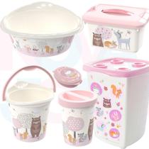 Kit Saboneteira,Lixeira,Balde E Bacia,Cesto,Caixa Org. Bichinhos Rosa - plasutil
