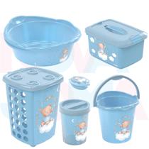 Kit Saboneteira,Lixeira,Balde E Bacia,Cesto,Caixa Org. Urso Azul - plasutil