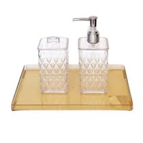 Kit saboneteira pia dispenser álcool gel porta cotonete com tampa bandeja dourada acrílico banheiro