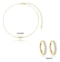 Kit Sabrina - Choker Pérola + Argola com Perólas Banhado em Ouro 18k