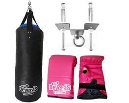 Kit Saco de Pancadas Cheio 70 cm - Saco de Boxe + Luva Bate Saco Rosa Luva de Boxe + Suporte para Saco de Pancada