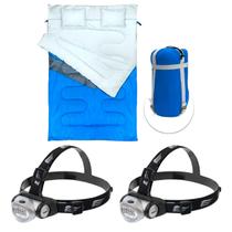 Kit Saco Dormir Kuple Casal C/ Travesseiro + 2x Lanterna de Cabeça Turbo LED 20 lúmens - Nautika