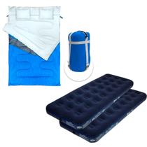 Kit Saco Dormir Kuple Térmico Casal Com Travesseiro Camping + 2x Colchão Inflável Solteiro - NTK