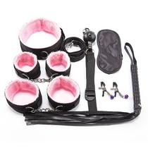 Kit sado bondagem preta com pelúcia rosa - 8 peças Kit sado bondagem preta com pelúcia rosa - 8 peças