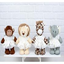 KIT SAFARI VESTIDO COM LESE PELUCIA EM PÉ 20cm - LEÃO, ELEFANTE, MACACO, GIRAFA.