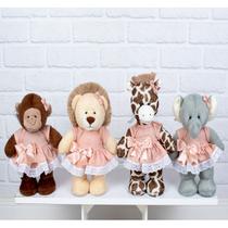 KIT SAFARI VESTIDO COM LESE PELUCIA EM PÉ 20cm - LEÃO, ELEFANTE, MACACO, GIRAFA.