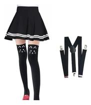 Kit Saia Colegial Listrada C/ Susp. Preto E Meia De Gato