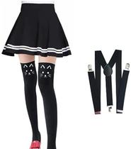 Kit Saia Colegial Listrada com Suspensorio Preto e Meia De Gatinho anime cosplay