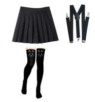 Kit Saia Colegial Pregueada cosplay kpop + Suspensorio Preto e Meia 7/8 De Gato