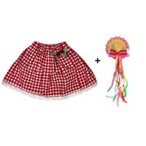 Kit Saia Curta Feminina Xadrez Festa Junina Acinturada Rodada Renda São João Mini Chapéu de Palha Presilha Tiara Look Adulto Criança - Meimi Amores