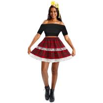 Kit Saia Curta Feminina Xadrez Festa Junina Acinturada Rodada Renda São João Mini Chapéu de Palha Presilha Tiara Look Adulto Criança - Meimi Amores