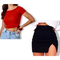 Kit Saia Curta Justa Fenda,Croped Manga Curta