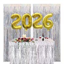 Kit Saia de Mesa+ 2 Cortinas Metalizadas + 2026 Prata Dourado Decoração Festas De Fim De Ano