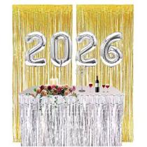 Kit Saia de Mesa+ 2 Cortinas Metalizadas + 2026 Prata Dourado Decoração Festas De Fim De Ano