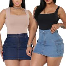 Kit Saia Jeans Curta Feminina Cintura Alta com Lycra