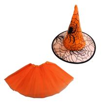 Kit Saia Laranja Lisa e Chapéu com Teia de Aranha Fantasia Halloween