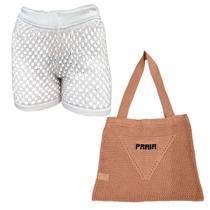 Kit Saia ou Short Tricot Feminina com Bolsa Sacola de Praia Crochê