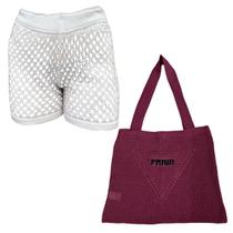 Kit Saia ou Short Tricot Feminina com Bolsa Sacola de Praia Crochê