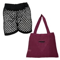 Kit Saia ou Short Tricot Feminina com Bolsa Sacola de Praia Crochê