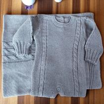 Kit saída de maternidade 2 pçs tricot trabalhada super conforto macacão e manta menino e menina