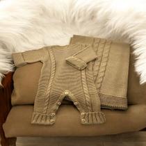 Kit saída de maternidade 2 pçs tricot trabalhada super conforto macacão e manta menino e menina