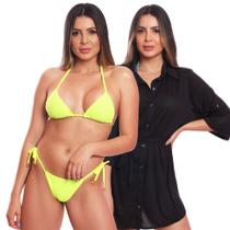 Kit Saída de Praia Chemise Camisão Feminino + Biquini Cortininha de Amarrar Canelado
