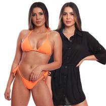 Kit Saída de Praia Chemise Camisão Feminino + Biquini Cortininha de Amarrar Canelado