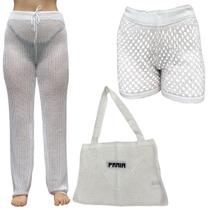 Kit Saida de Praia Croche Bolsa Calça e Short Tricotr Moda Verão Tendência