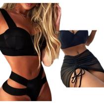 Kit Saída De Praia Tule + Biquini Tiras Grossas Blogueira