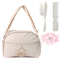 Kit Saida Maternidade Bolsa Bege c Escovinha e Pente p Bebê
