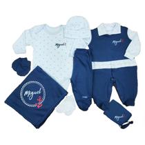 Kit saída maternidade branco e azul marinho âncora personalizado com nome do bebê - 9 peças