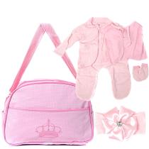 Kit Saida Maternidade com Bolsa Rosa e Conjunto de Roupa para Bebê