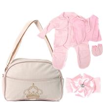 Kit Saida Maternidade Com Roupa E Bolsa Para Bebê Bege Rn