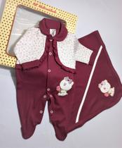 KIT Saída Maternidade - Macacão e Manta - Bolero estampado em Onça e Bordado de Ursinha KIT Saída Maternidade - Macacão e Manta - Bolero estampado em Onça e Bordado de Ursinha