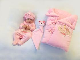 Kit Saída Maternidade Menina Inverno Rosa De Plush com Saco de Dormir e Naninha - BellaDonna Baby