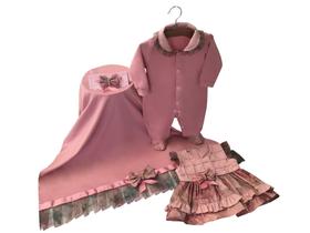 Kit Saída Maternidade Menina Malha Estampa Rosa 4 Peças (019-400) - Asas de Anjo Tieloy