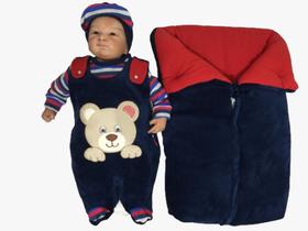 Kit Saída Maternidade Menino Inverno Plush Vermelho E Azul com Jardineira e Body - Pitu baby