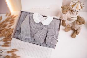 Kit Saída Maternidade Tricô 5 Pç Baby Boy Escocês Azul Claro Premium RN Arcobaleno