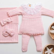 Kit Saída Maternidade Tricô 6 Pç Girl Vestido Love Rosa Claro Premium P Arcobaleno