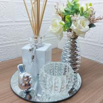 Kit Sala Bandeja Espelhada Aromatizador Vaso Flor Passarinho Enfeite Decorativo Para Sala Quarto Rack Closet Prata