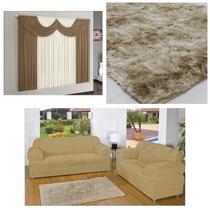 Kit Sala Capa Sofá 2/3 Lugares + Cortina 2 m + Tapete Peludo 2,00 X 1,40 Bege Mesclado