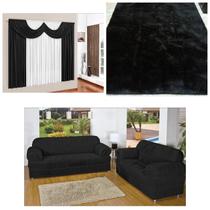 Kit Sala Capa Sofá 2/3 Lugares + Cortina 2 m + Tapete Peludo 2,00 X 1,40 Preto Liso Kit Sala Capa Sofá 2/3 Lugares + Cortina 2 m + Tapete Peludo 2,00 X 1,40 Preto Liso