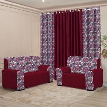 Kit Sala Completo Cortina 3M Capa Sofá 2 e 3 lugar Coladinha Mista Decoração Floral Estampado
